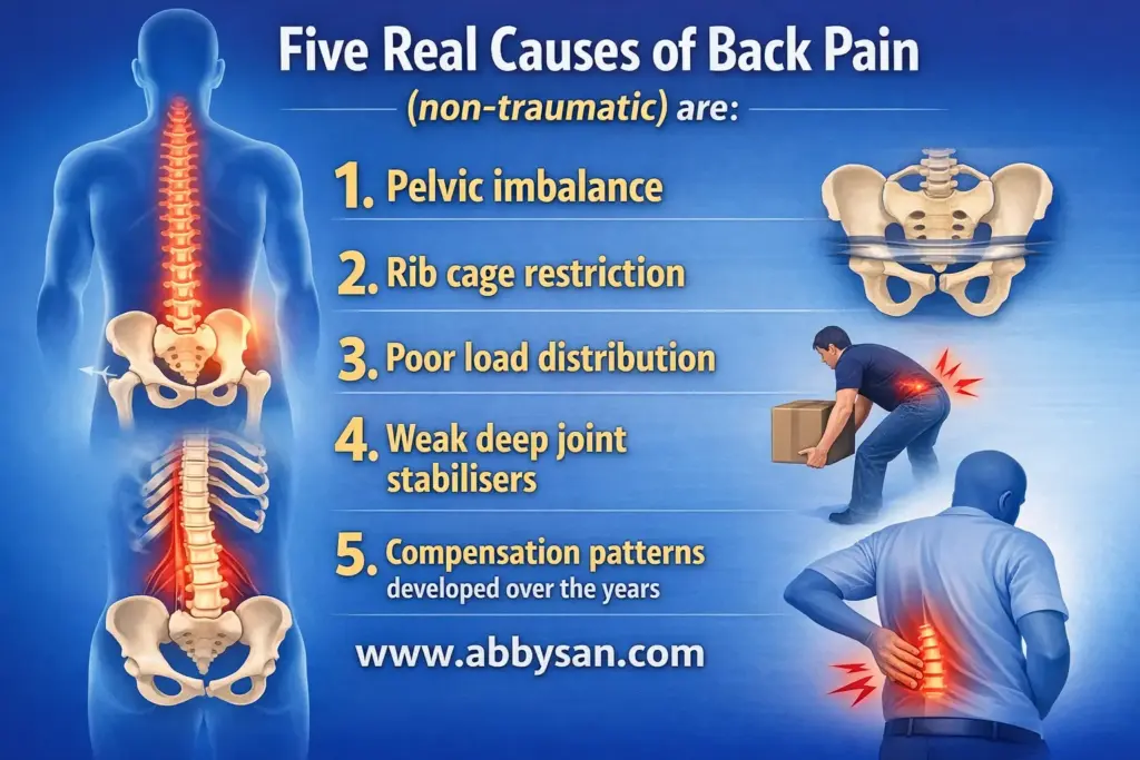 Lower back pain causes including pelvic imbalance, rib cage restriction, poor load distribution, weak deep joint stabilisers and long-term compensation patterns.