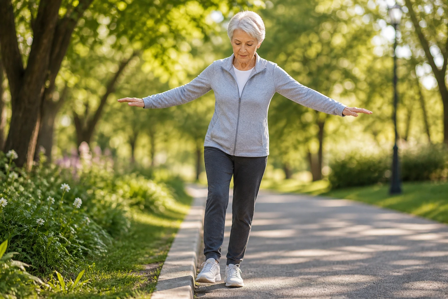Senior Woman Practicing Balance While Walking Outdoors Senior Woman Practicing Balance While Walking Outdoors